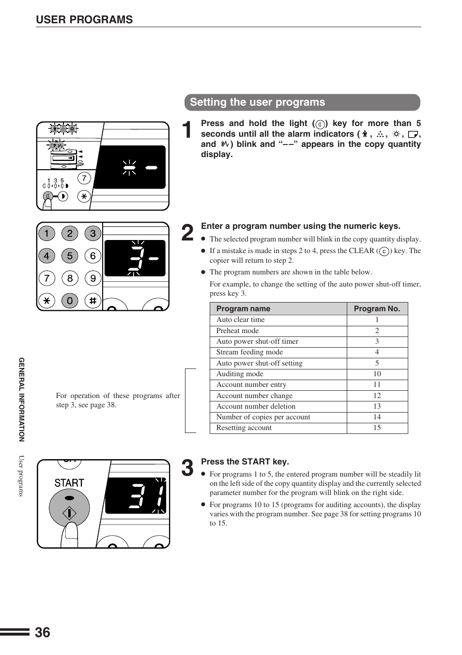 Setting the user programs, User programs | Sharp AR-162S User Manual | Page 38 / 68