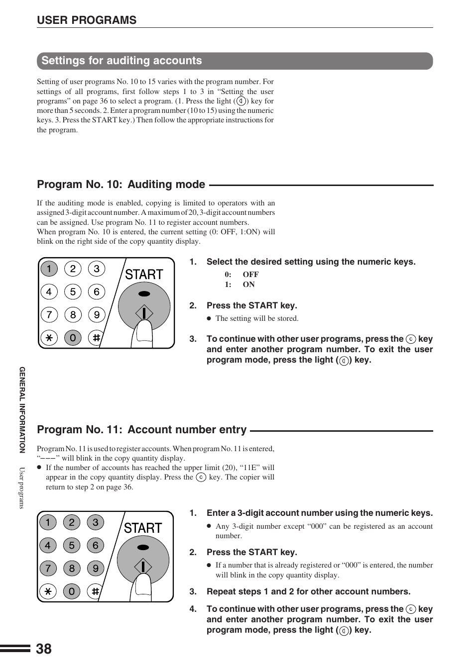 User programs, Settings for auditing accounts, Program no. 10: auditing mode | Program no. 11: account number entry | Sharp AR-162S User Manual | Page 40 / 68