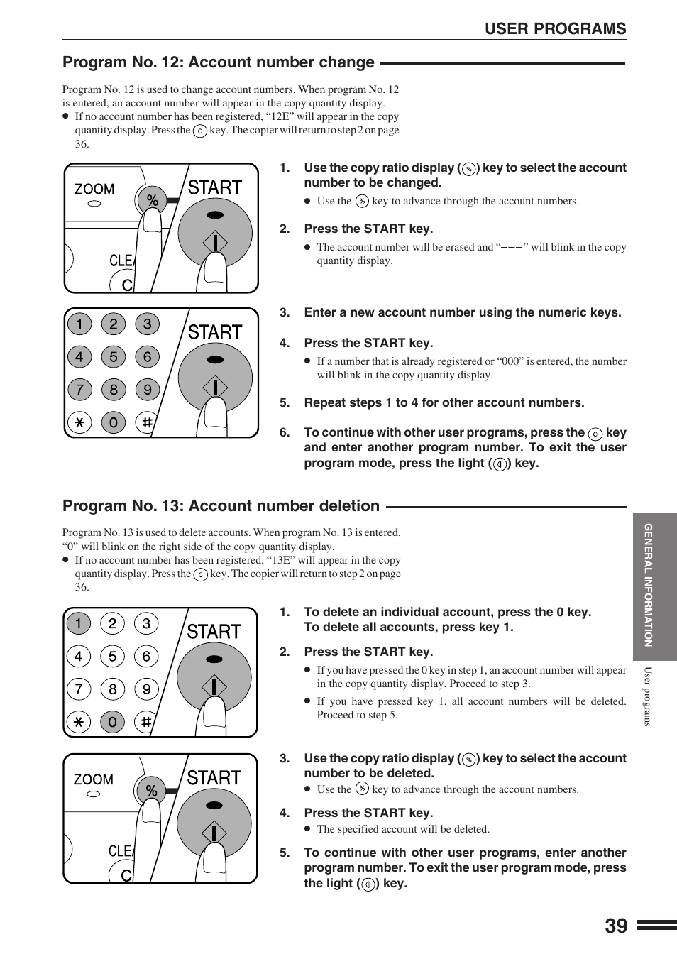 User programs, Program no. 12: account number change, Program no. 13: account number deletion | Sharp AR-162S User Manual | Page 41 / 68