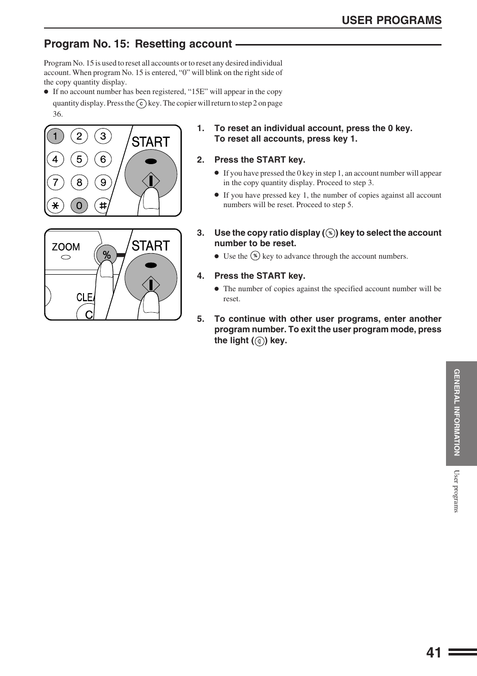 User programs, Program no. 15: resetting account | Sharp AR-162S User Manual | Page 43 / 68