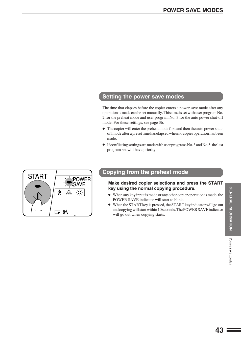 Setting the power save modes, Copying from the preheat mode, Power save modes | Sharp AR-162S User Manual | Page 45 / 68