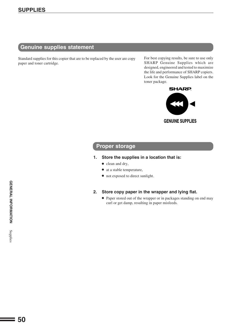 Supplies genuine supplies statement, Proper storage | Sharp AR-162S User Manual | Page 52 / 68