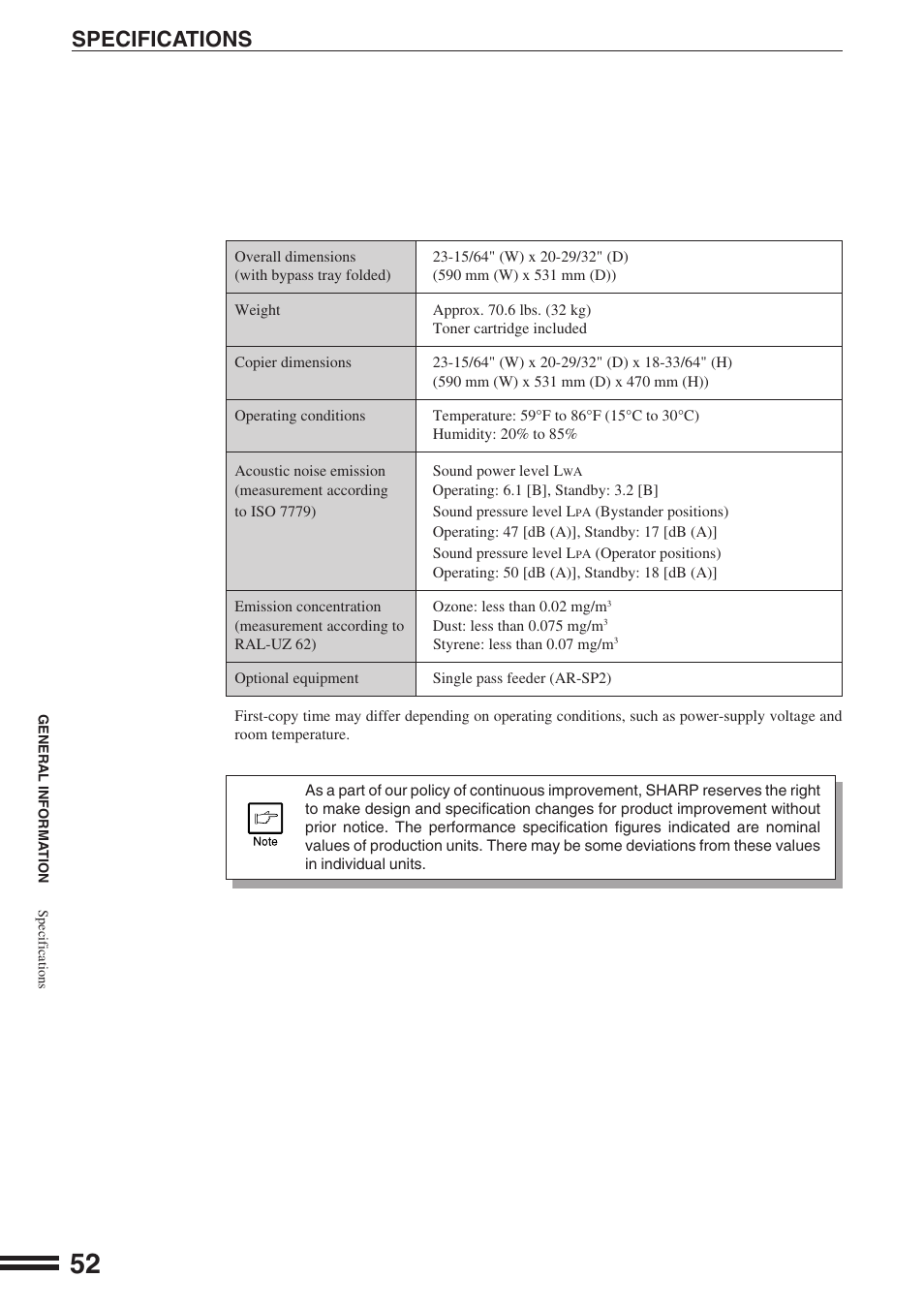 Specifications | Sharp AR-162S User Manual | Page 54 / 68