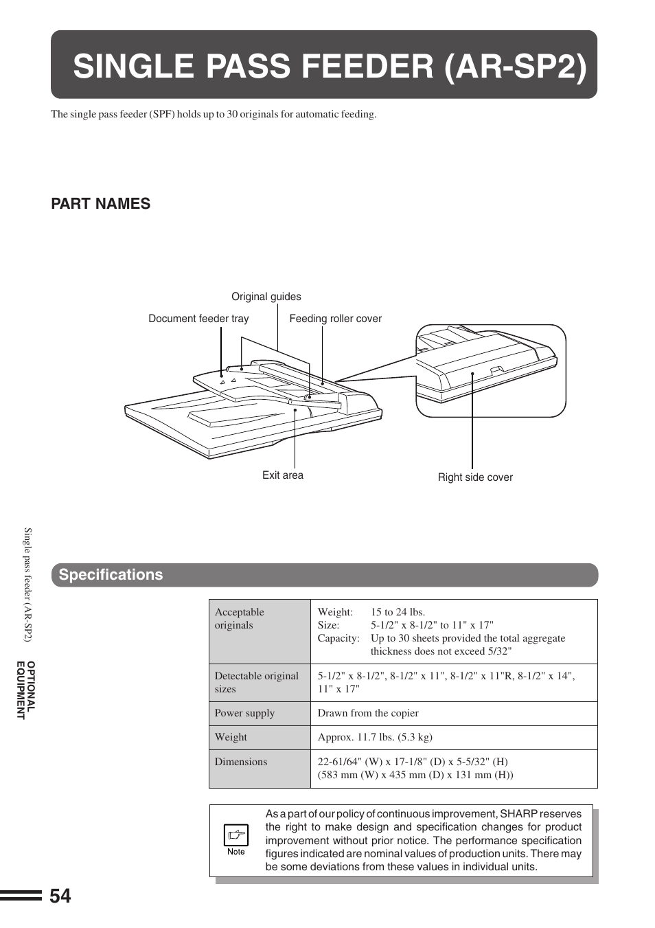 Single pass feeder (ar-sp2), Part names specifications | Sharp AR-162S User Manual | Page 56 / 68