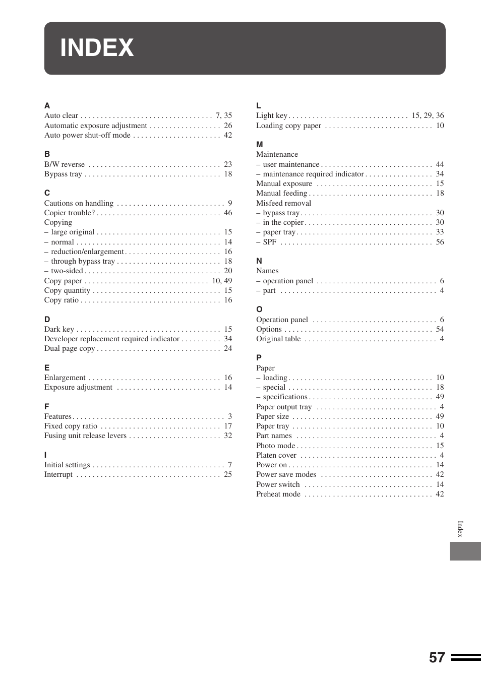 Index | Sharp AR-162S User Manual | Page 59 / 68