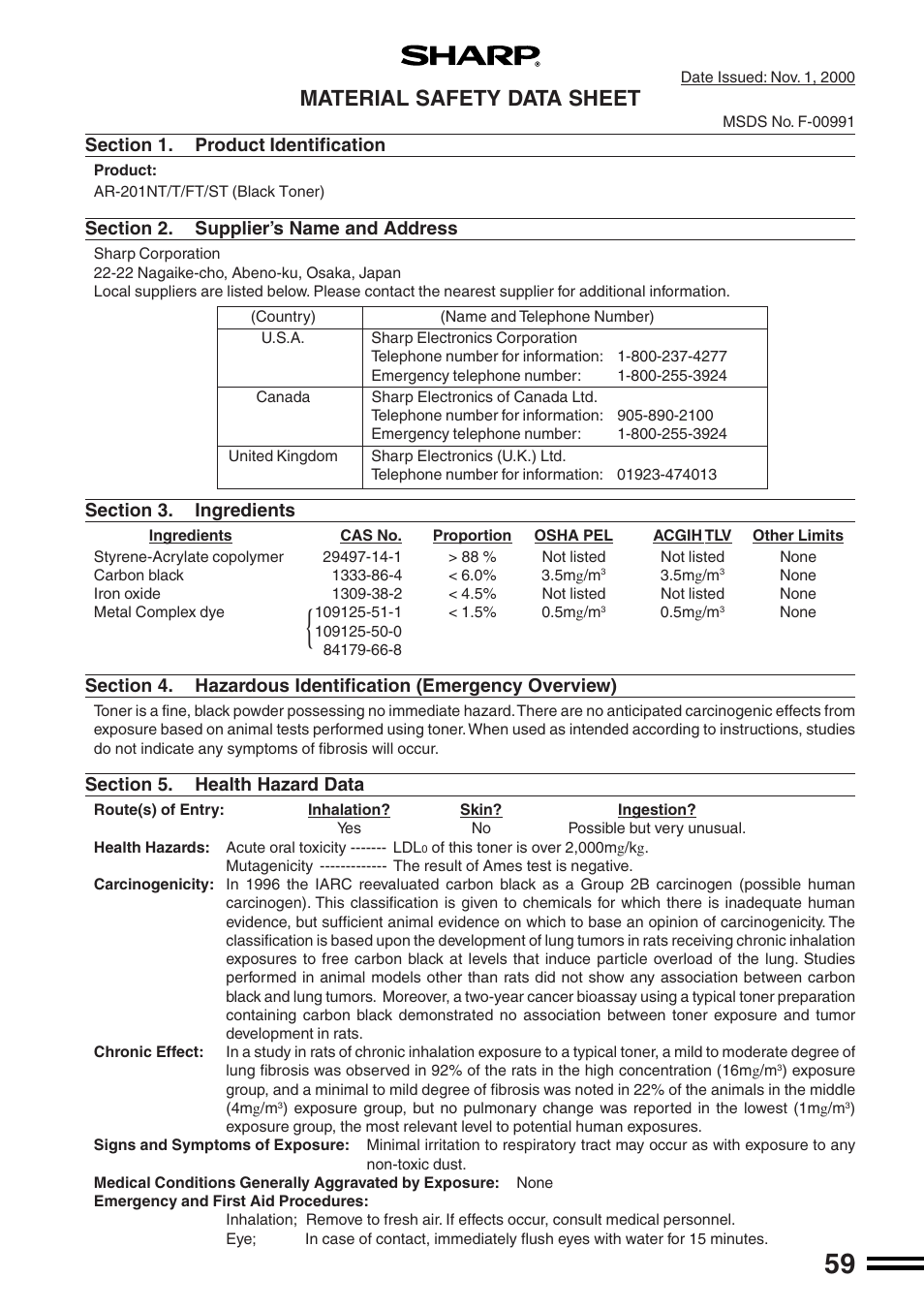 Material safety data sheet | Sharp AR-162S User Manual | Page 61 / 68