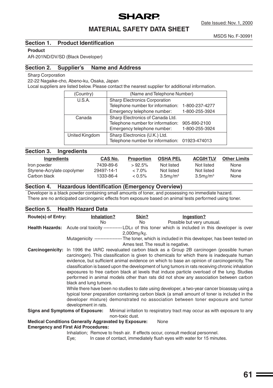 Material safety data sheet | Sharp AR-162S User Manual | Page 63 / 68