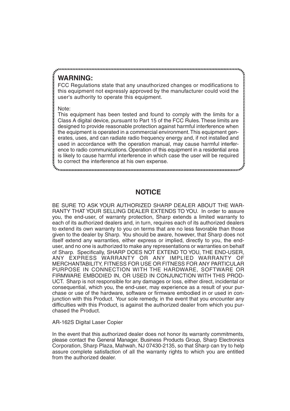 Warning, Notice | Sharp AR-162S User Manual | Page 67 / 68