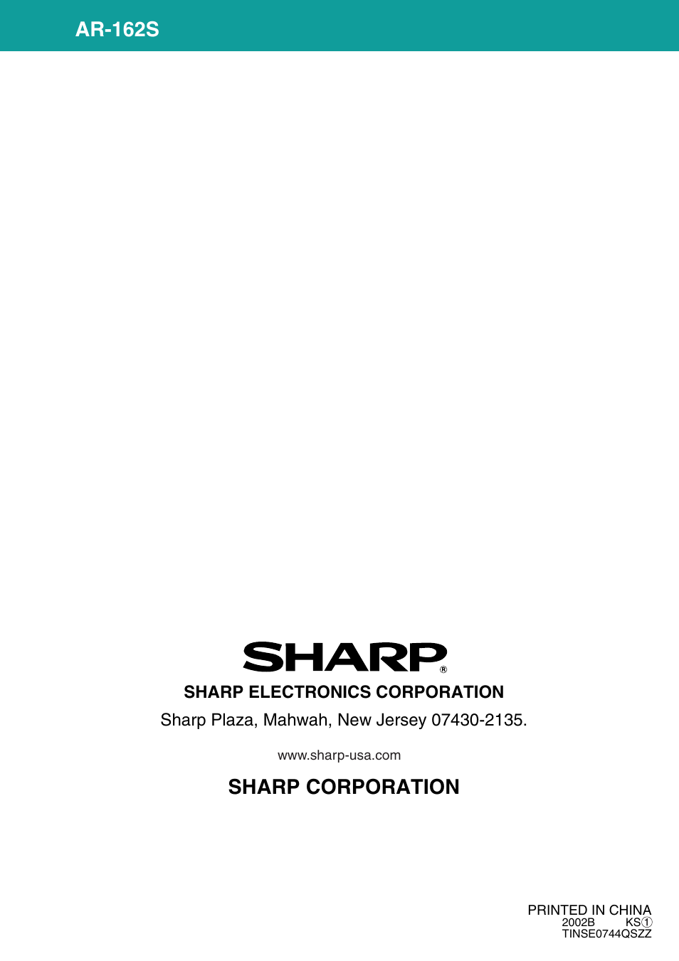 Ar-162s, Sharp corporation | Sharp AR-162S User Manual | Page 68 / 68