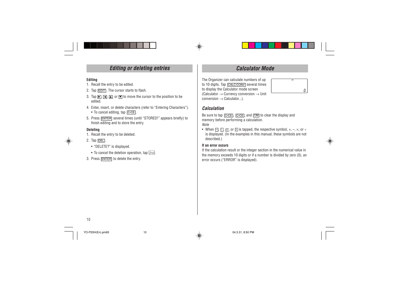 Editing or deleting entries, Calculator mode | Sharp YO-P20H User Manual | Page 12 / 32