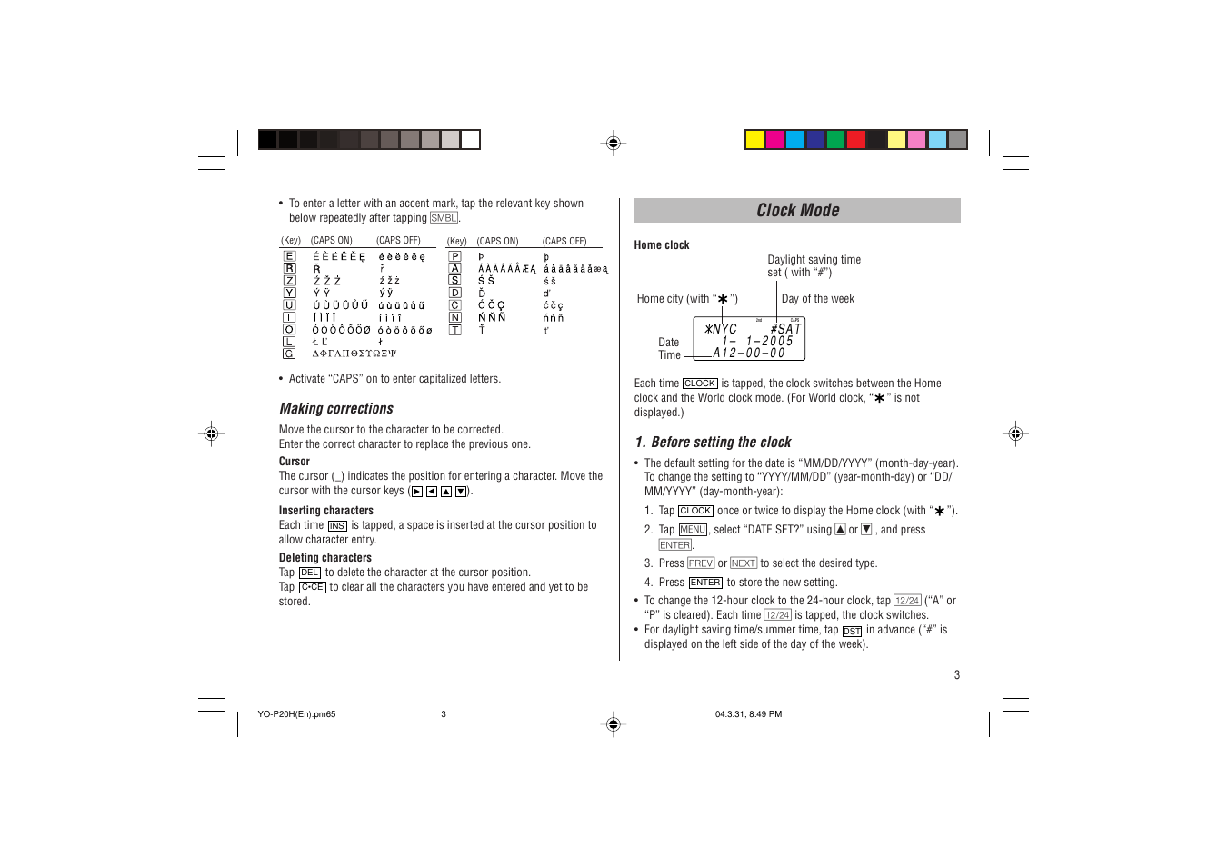 Clock mode | Sharp YO-P20H User Manual | Page 5 / 32