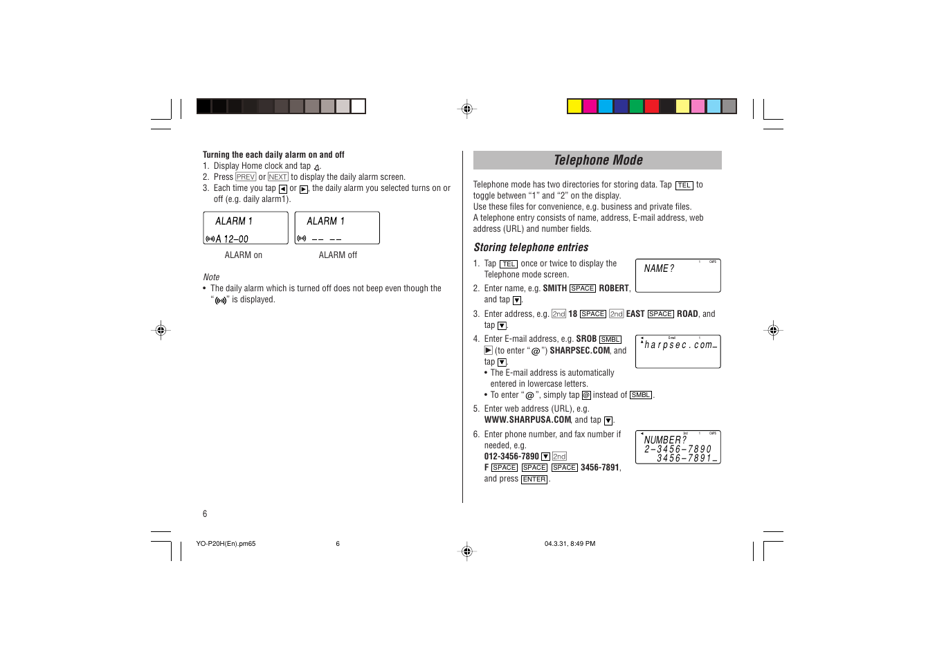 Telephone mode | Sharp YO-P20H User Manual | Page 8 / 32