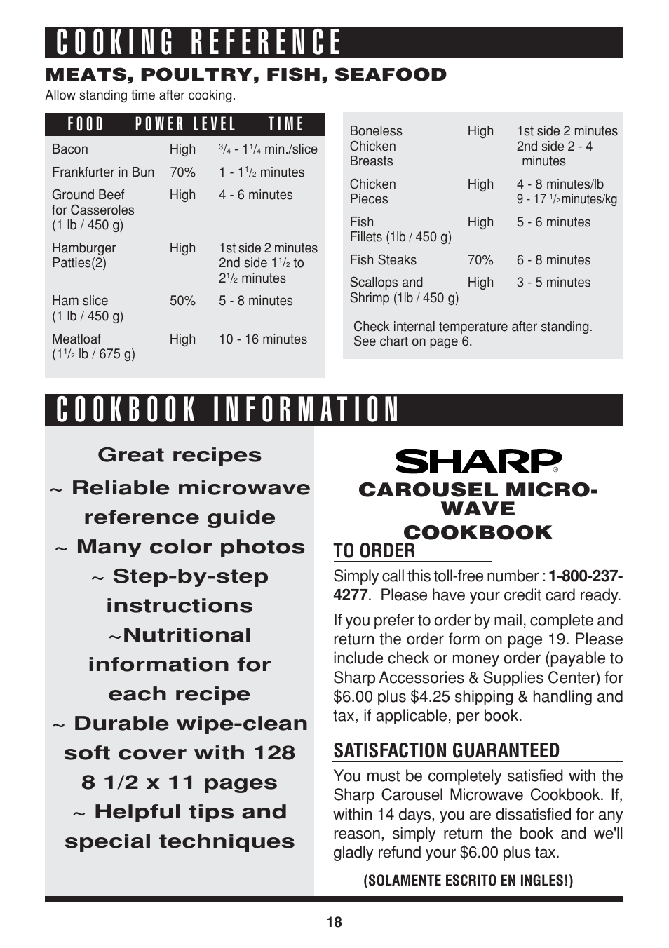 Satisfaction guaranteed, Carousel micro- wave cookbook, Meats, poultry, fish, seafood | Sharp R-216L User Manual | Page 20 / 44