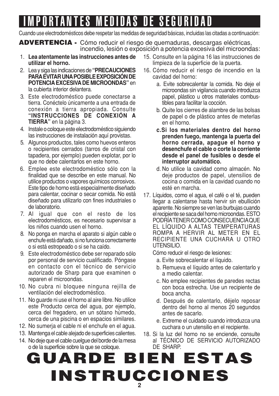 Guarde bien estas instrucciones | Sharp R-216L User Manual | Page 26 / 44