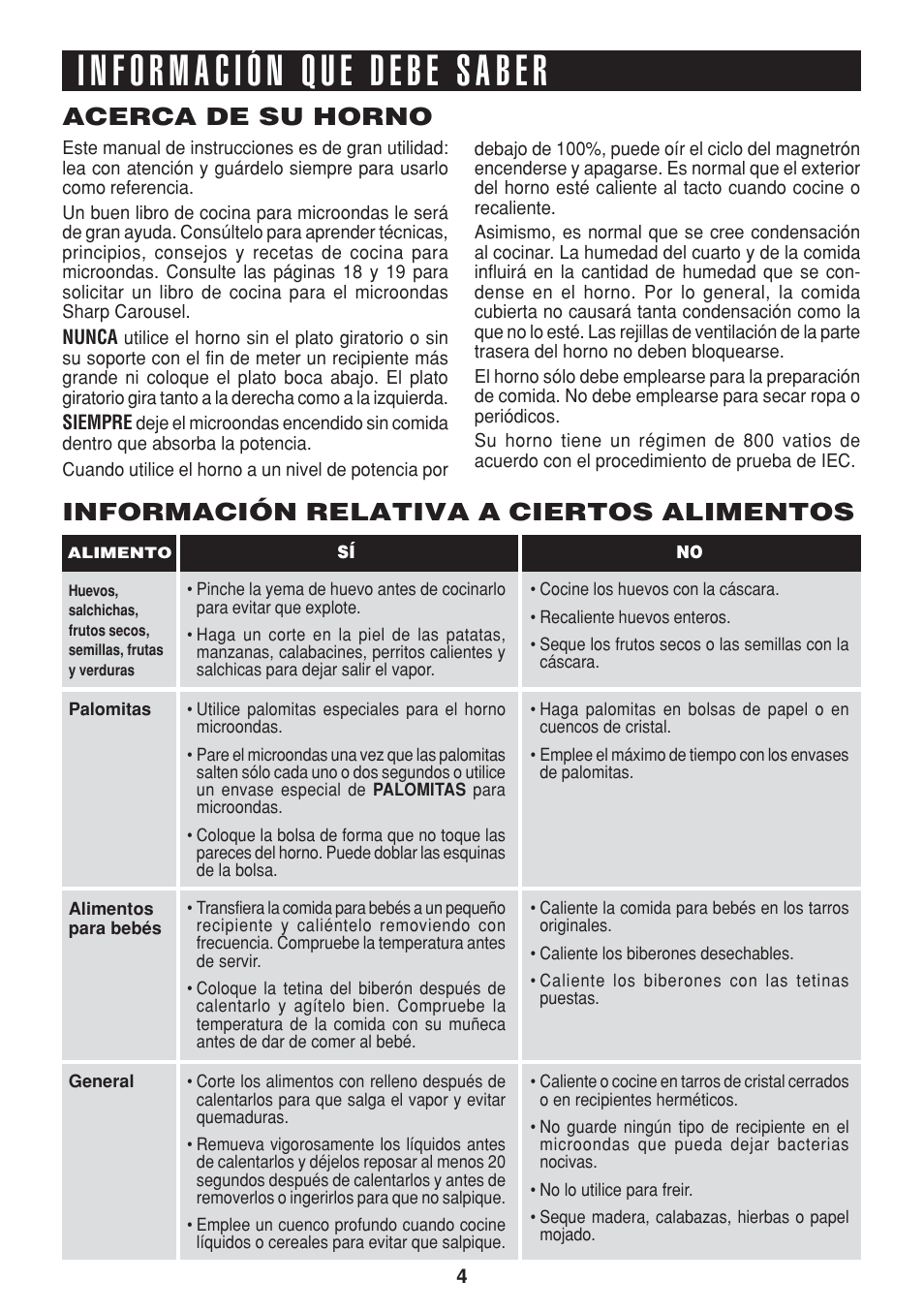 Acerca de su horno, Información relativa a ciertos alimentos | Sharp R-216L User Manual | Page 28 / 44