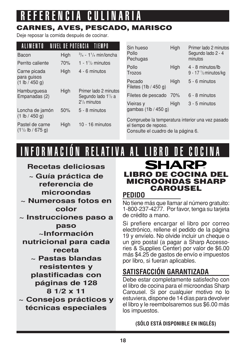Pedido, Satisfacción garantizada, Libro de cocina del microondas sharp carousel | Carnes, aves, pescado, marisco | Sharp R-216L User Manual | Page 42 / 44