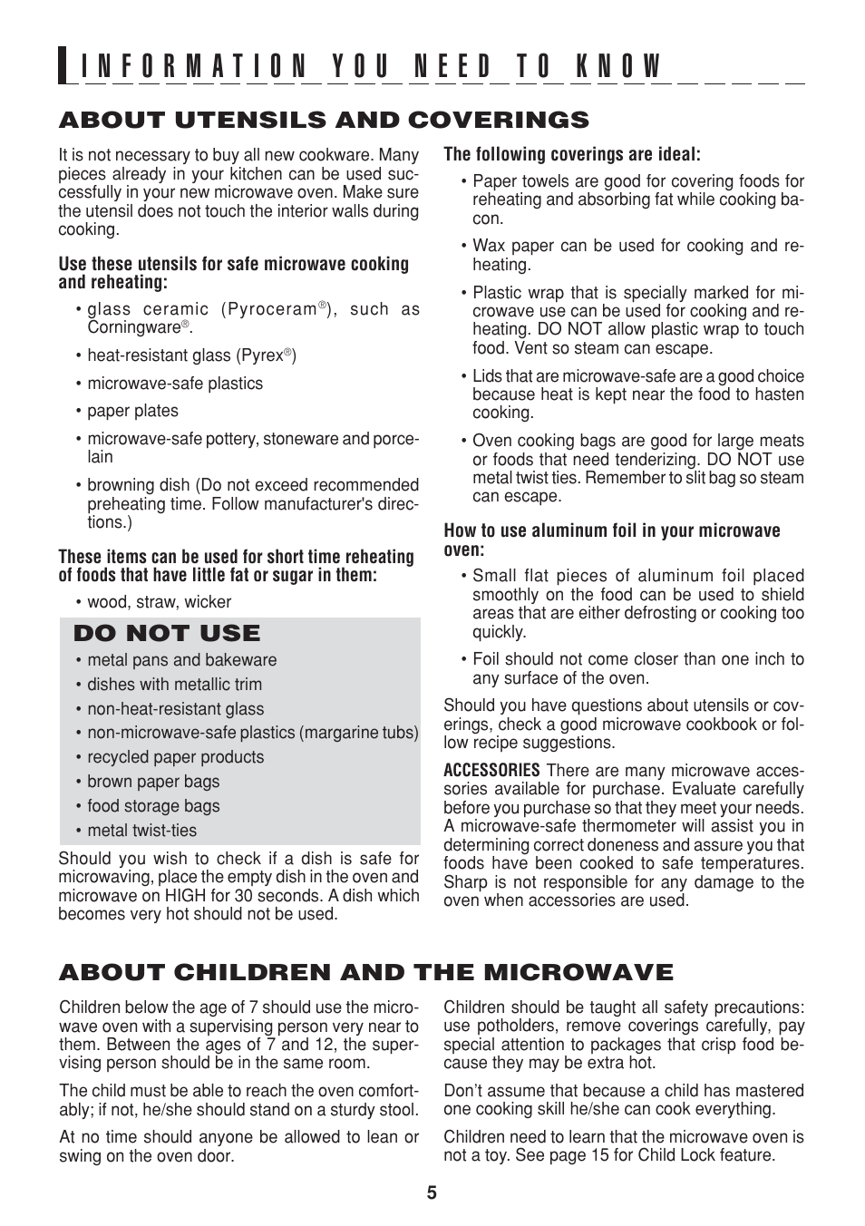 About utensils and coverings, Do not use, About children and the microwave | Sharp R-216L User Manual | Page 7 / 44