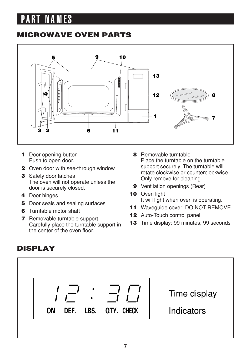 Time display indicators, Def. lbs. qty. check on | Sharp R-216L User Manual | Page 9 / 44