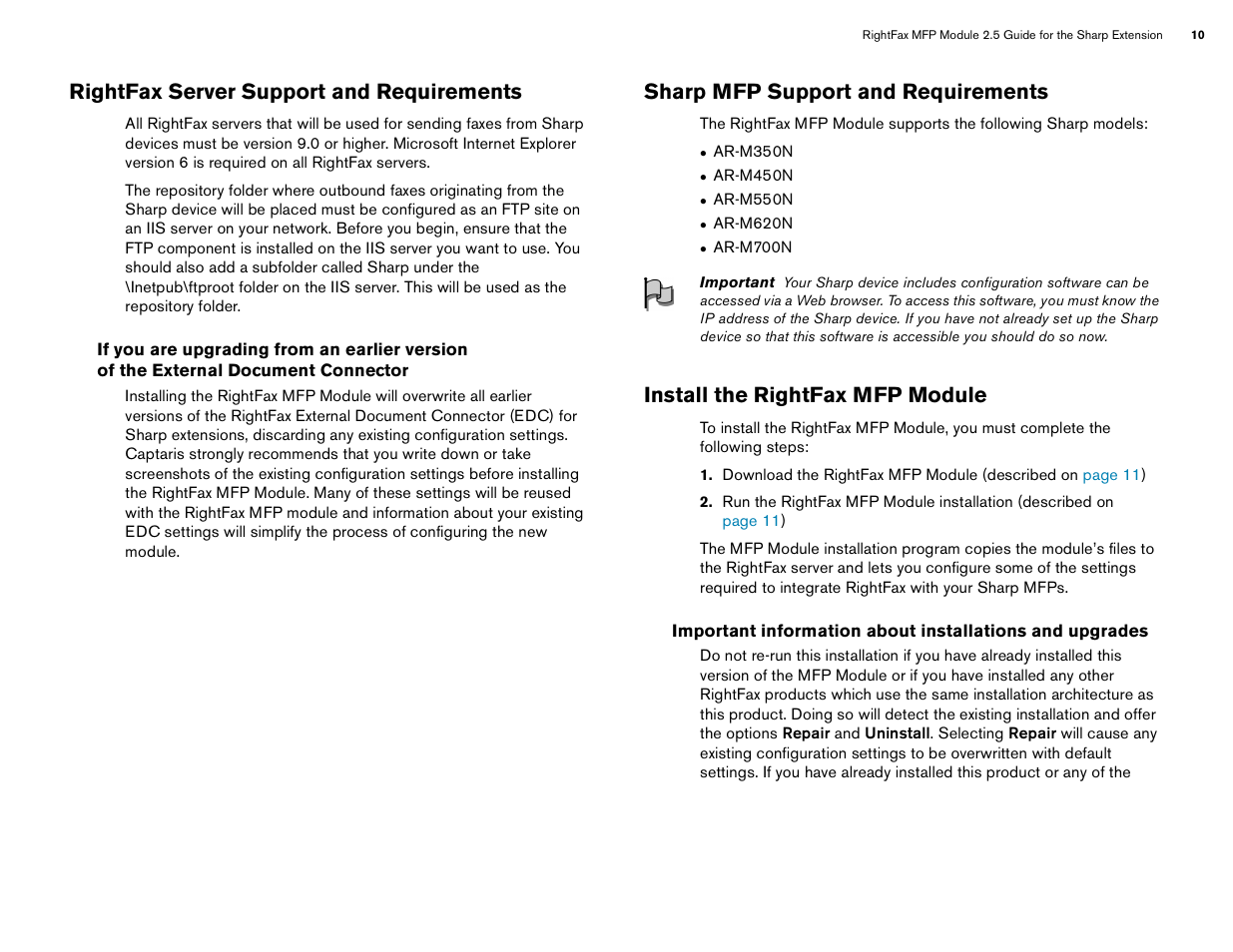 Rightfax server support and requirements, Sharp mfp support and requirements, Install the rightfax mfp module | Sharp Version 2.5 User Manual | Page 10 / 36