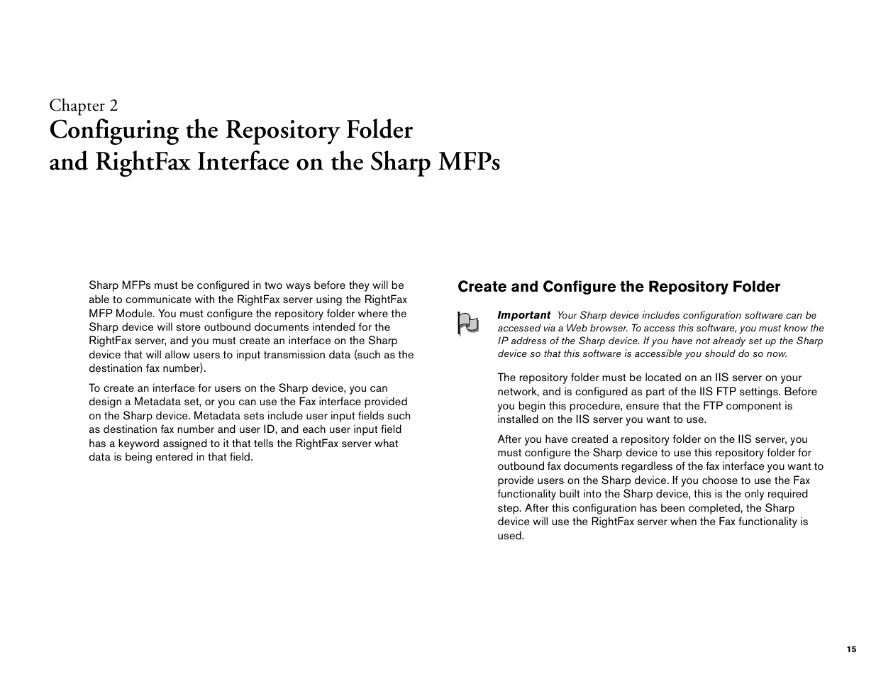 Create and configure the repository folder, Chapter 2, Configuring the repository folder | And rightfax interface on the sharp mfps | Sharp Version 2.5 User Manual | Page 15 / 36