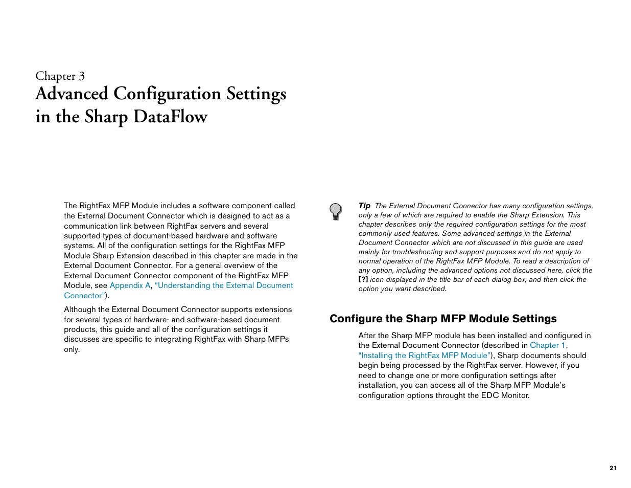 Configure the sharp mfp module settings, Chapter 3, Advanced configuration settings | In the sharp dataflow | Sharp Version 2.5 User Manual | Page 21 / 36