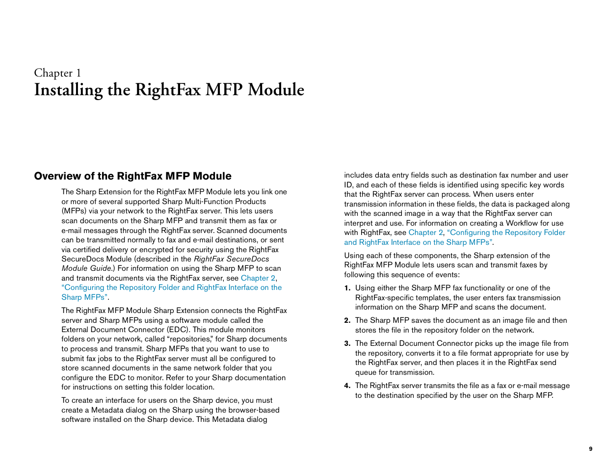 Installing the rightfax mfp module, Overview of the rightfax mfp module, Chapter 1 | Sharp Version 2.5 User Manual | Page 9 / 36