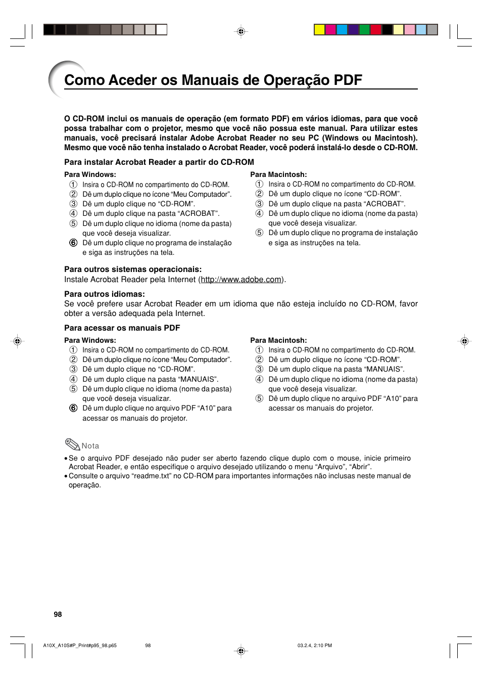 Como aceder os manuais de operação pdf | Sharp PG-A10S User Manual | Page 102 / 103