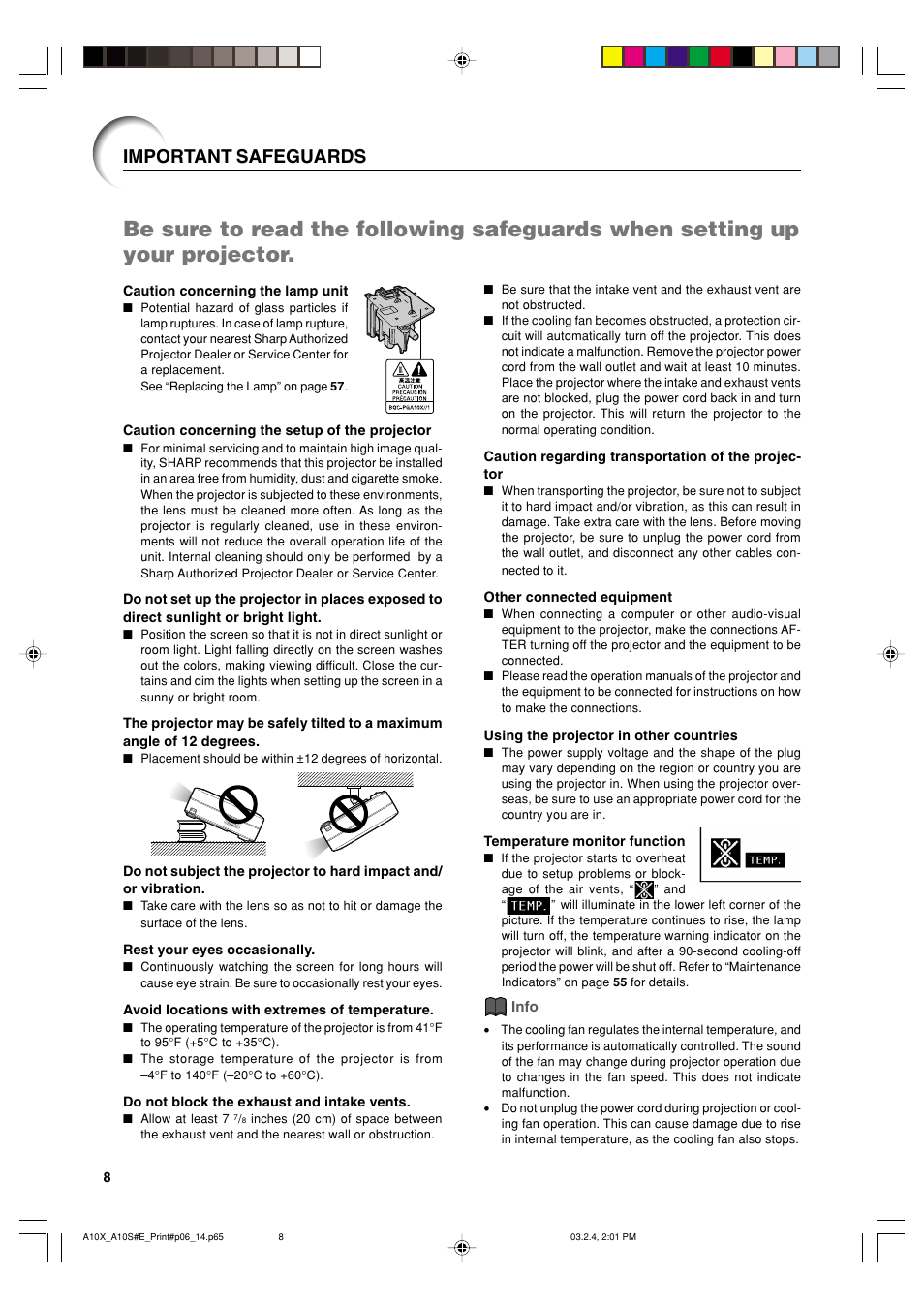 Important safeguards | Sharp PG-A10S User Manual | Page 12 / 103