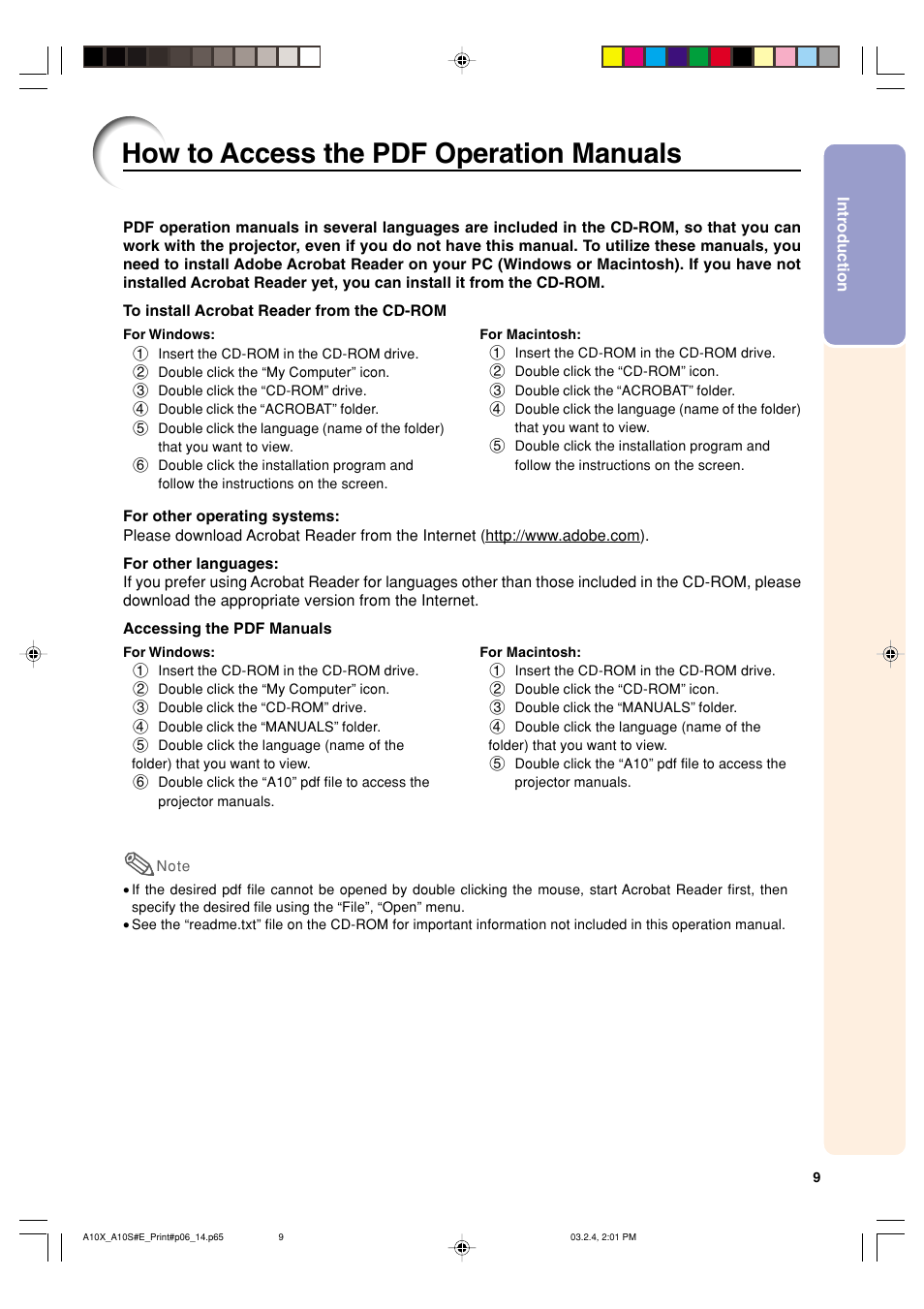 How to access the pdf operation manuals | Sharp PG-A10S User Manual | Page 13 / 103