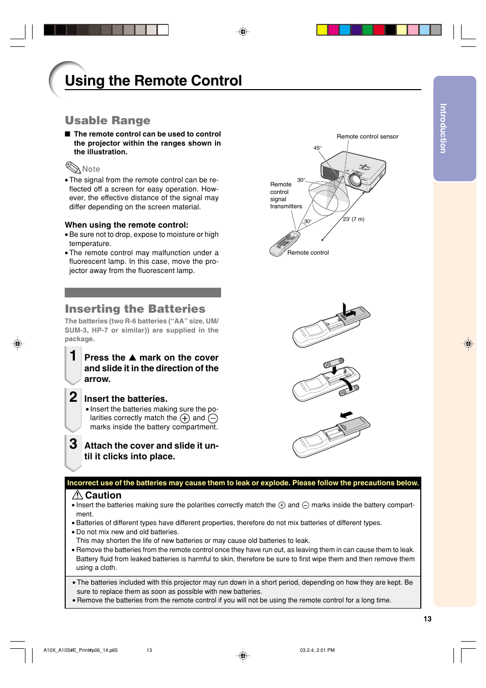Using the remote control, Inserting the batteries, Usable range | Caution | Sharp PG-A10S User Manual | Page 17 / 103