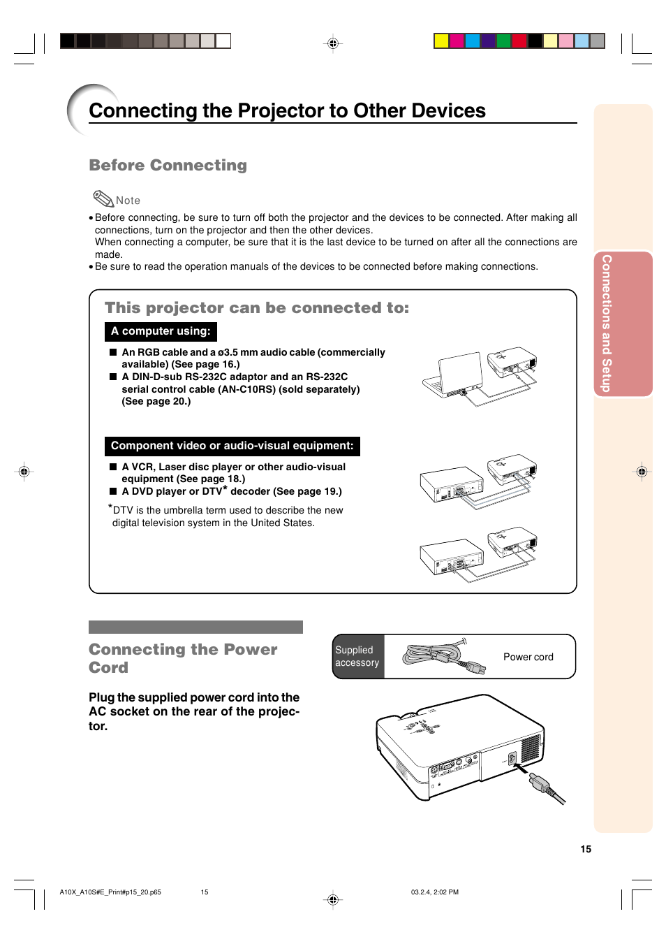 Connecting the projector to other devices, Before connecting, This projector can be connected to | Connecting the power cord | Sharp PG-A10S User Manual | Page 19 / 103