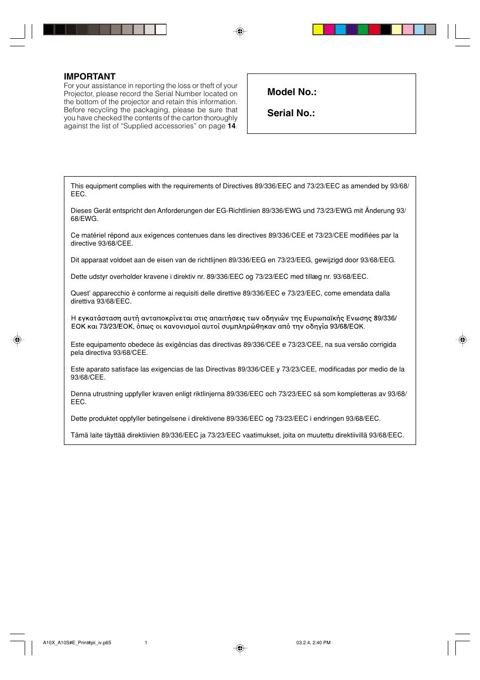Model no.: serial no, Important | Sharp PG-A10S User Manual | Page 2 / 103