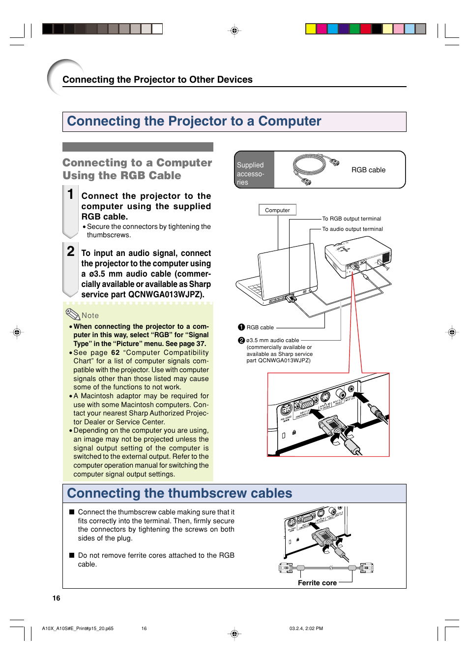 Connecting to a computer using the rgb cable, Connecting the projector to other devices | Sharp PG-A10S User Manual | Page 20 / 103