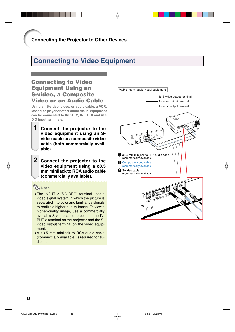 Connecting to video equipment, Connecting the projector to other devices | Sharp PG-A10S User Manual | Page 22 / 103