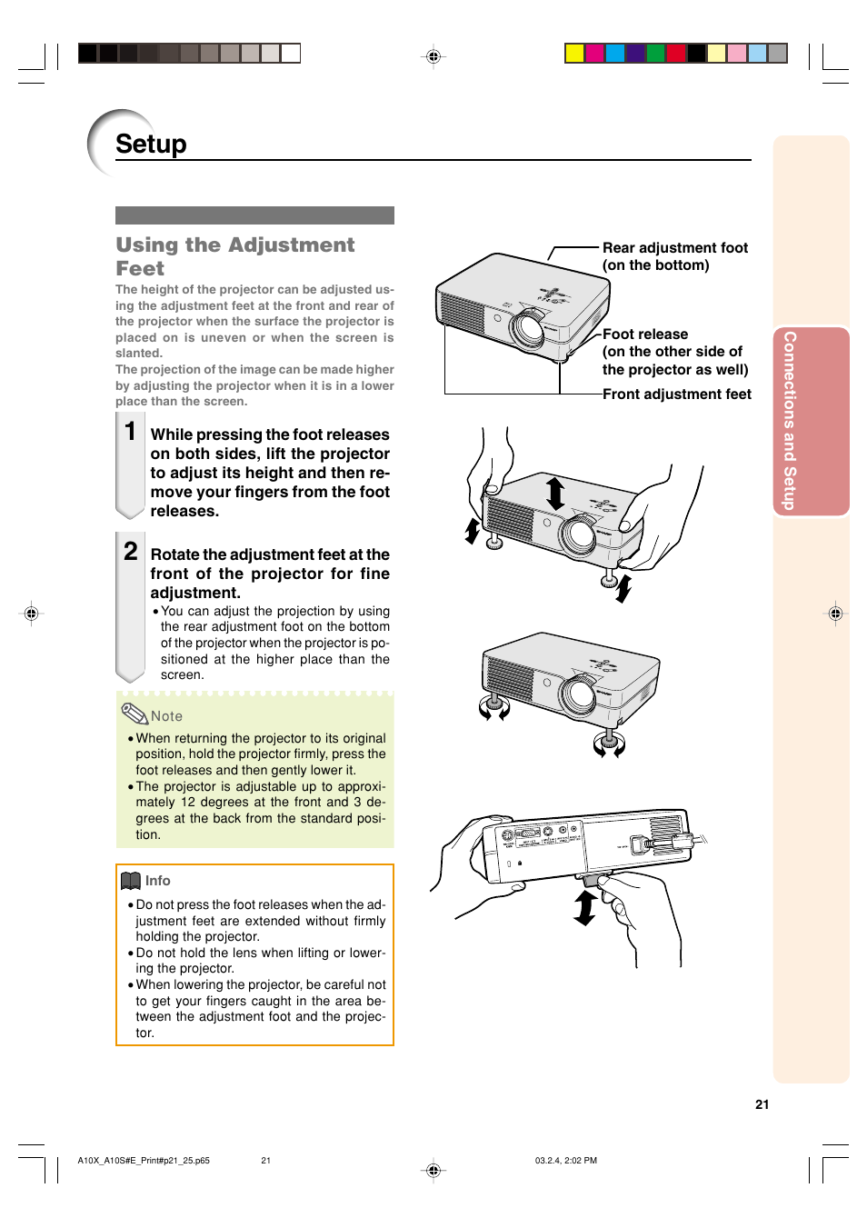 Setup, Using the adjustment feet | Sharp PG-A10S User Manual | Page 25 / 103