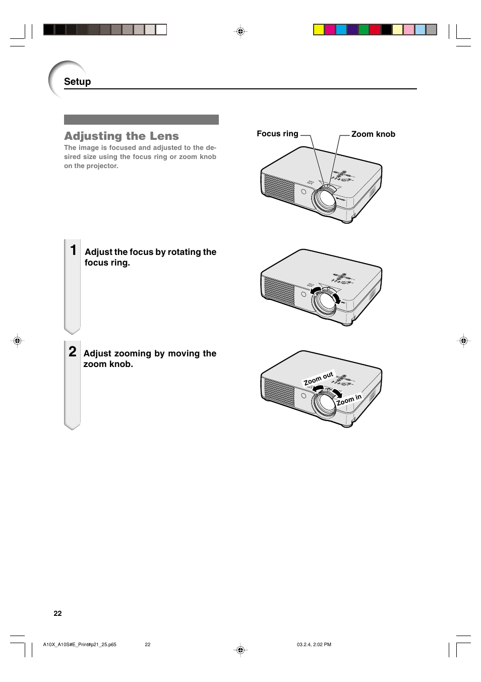 Adjusting the lens, Setup | Sharp PG-A10S User Manual | Page 26 / 103