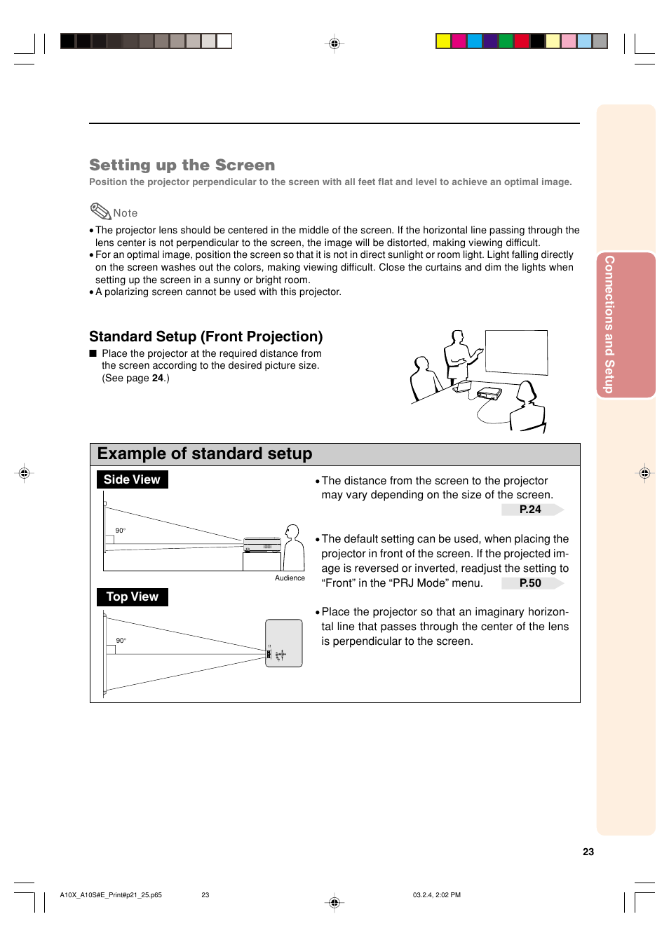 Example of standard setup, Setting up the screen, Standard setup (front projection) | Sharp PG-A10S User Manual | Page 27 / 103