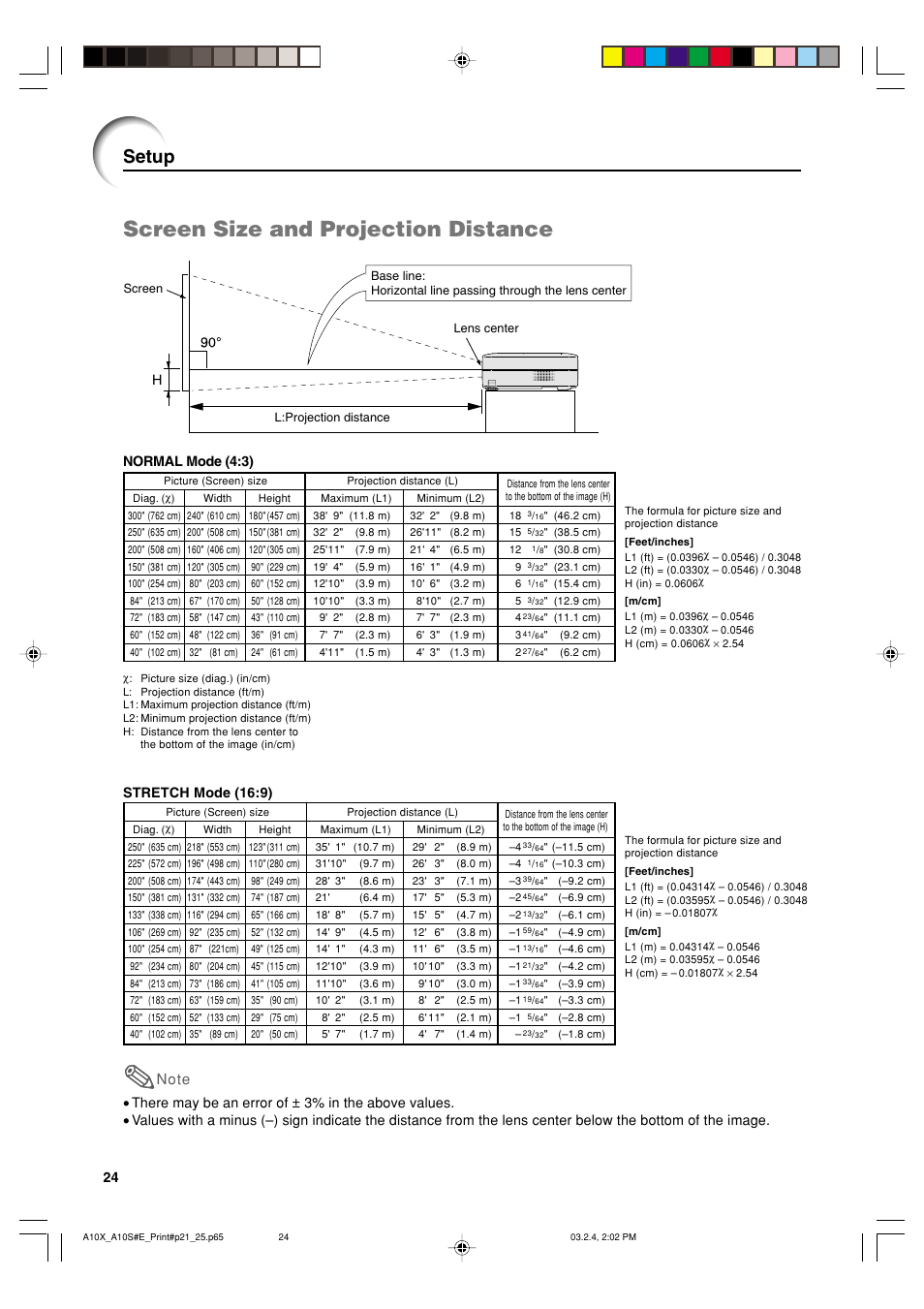 Screen size and projection distance, Setup | Sharp PG-A10S User Manual | Page 28 / 103