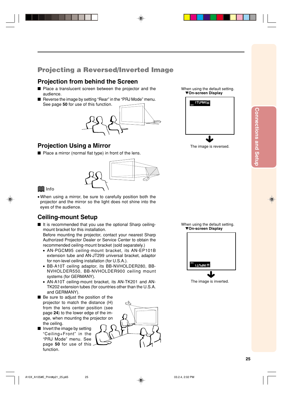 Projecting a reversed/inverted image, Projection from behind the screen, Projection using a mirror | Ceiling-mount setup | Sharp PG-A10S User Manual | Page 29 / 103
