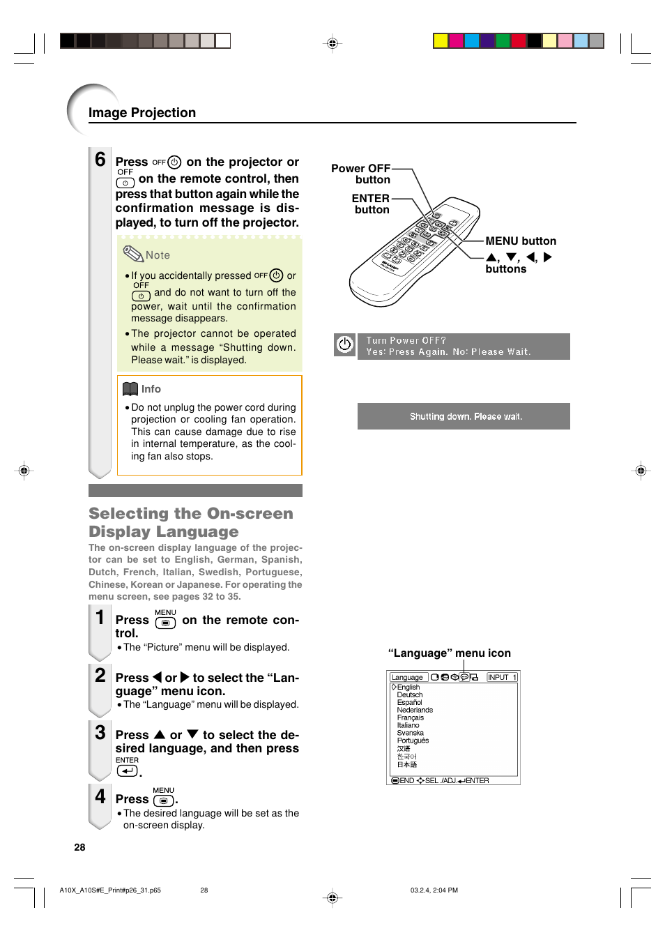 Selecting the on-screen display language | Sharp PG-A10S User Manual | Page 32 / 103