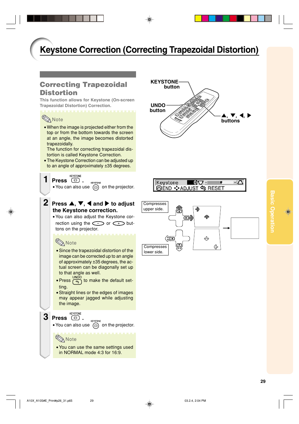 Correcting trapezoidal distortion | Sharp PG-A10S User Manual | Page 33 / 103