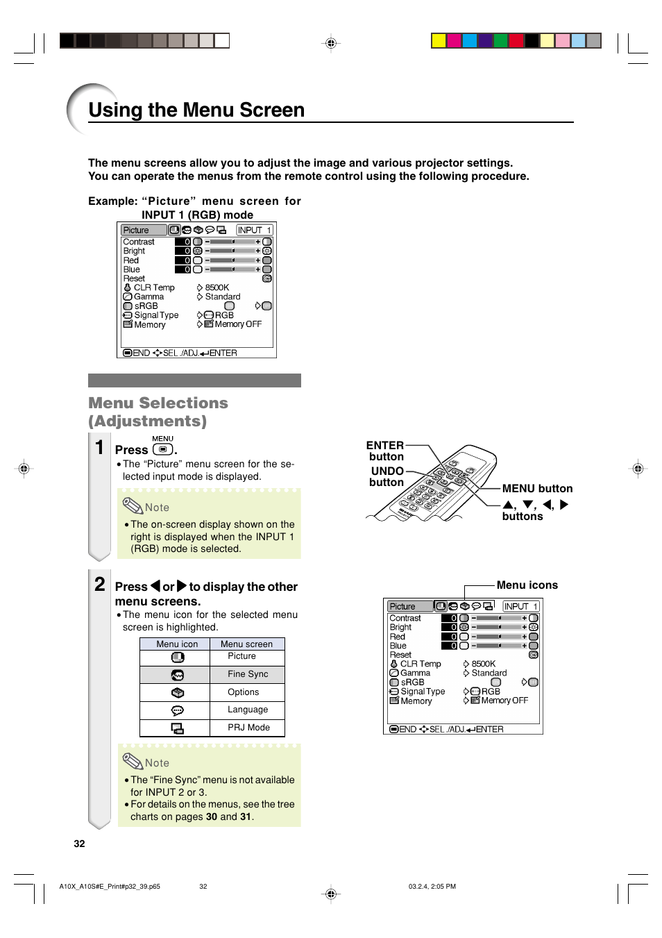 Using the menu screen, Menu selections (adjustments) | Sharp PG-A10S User Manual | Page 36 / 103