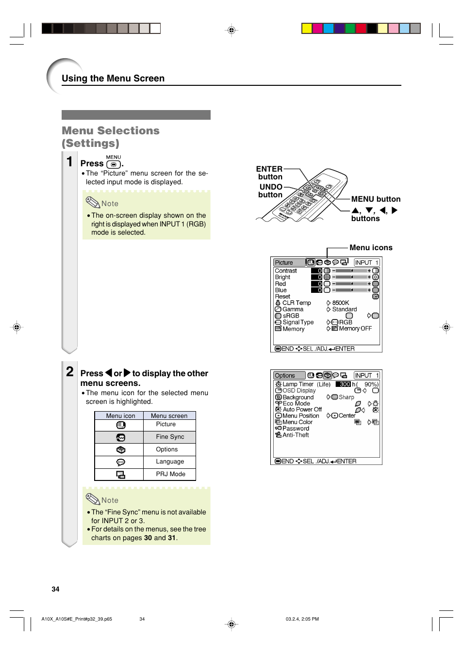 Menu selections (settings), Using the menu screen | Sharp PG-A10S User Manual | Page 38 / 103