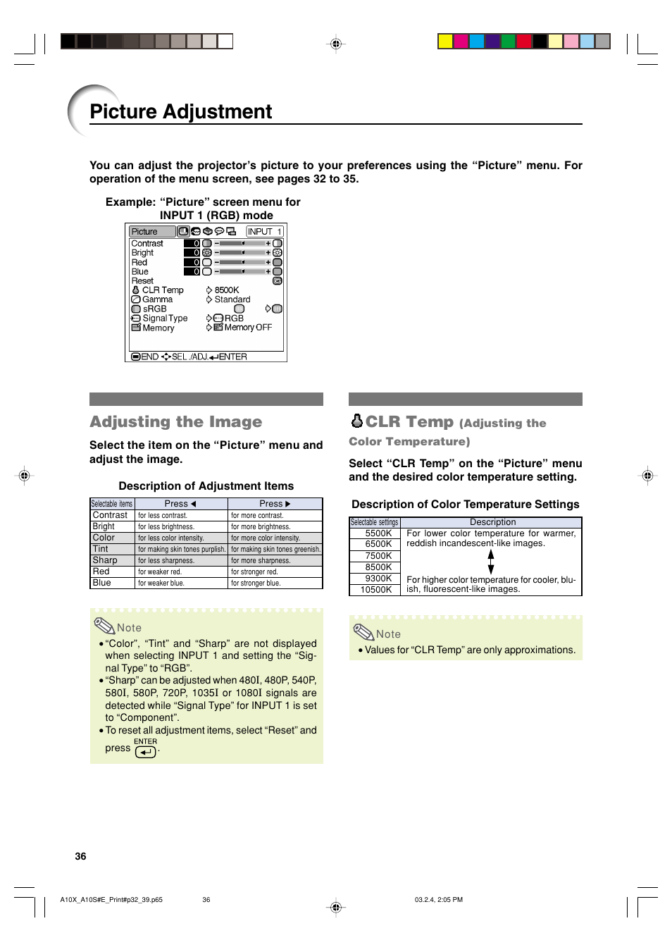 Picture adjustment, Clr temp, Adjusting the image | Sharp PG-A10S User Manual | Page 40 / 103