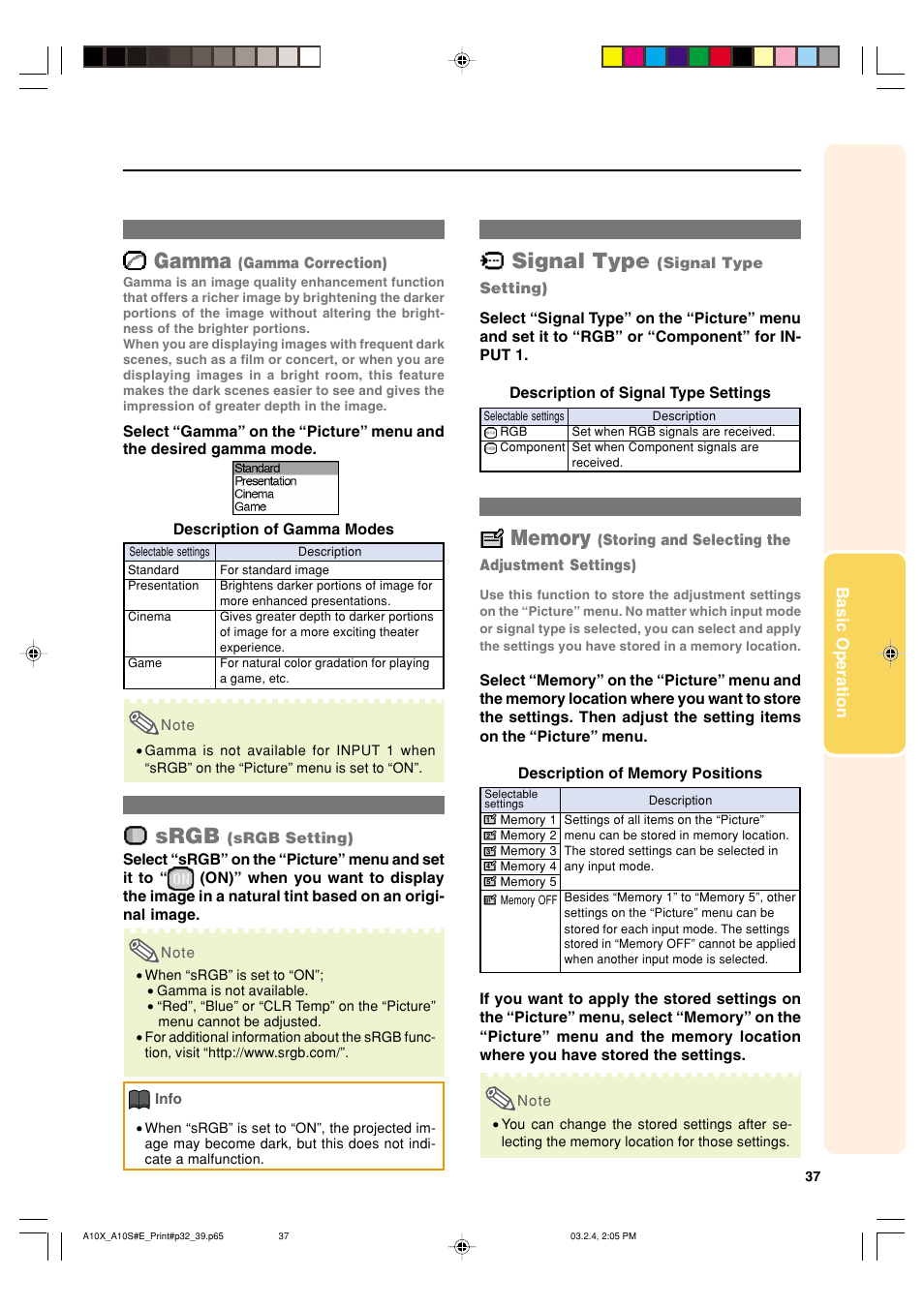 Gamma, Srgb, Signal type | Sharp PG-A10S User Manual | Page 41 / 103