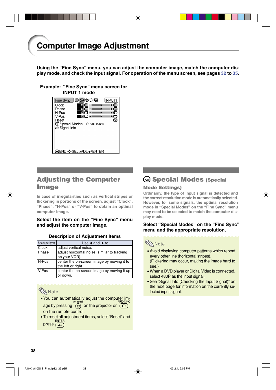 Computer image adjustment, Adjusting the computer image, Special modes | Sharp PG-A10S User Manual | Page 42 / 103