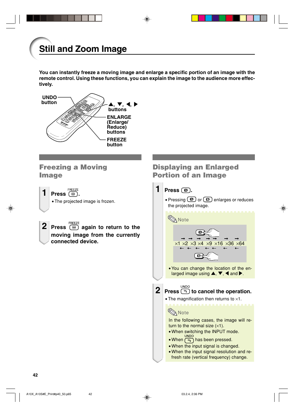 Still and zoom image, Freezing a moving image, Displaying an enlarged portion of an image | Sharp PG-A10S User Manual | Page 46 / 103
