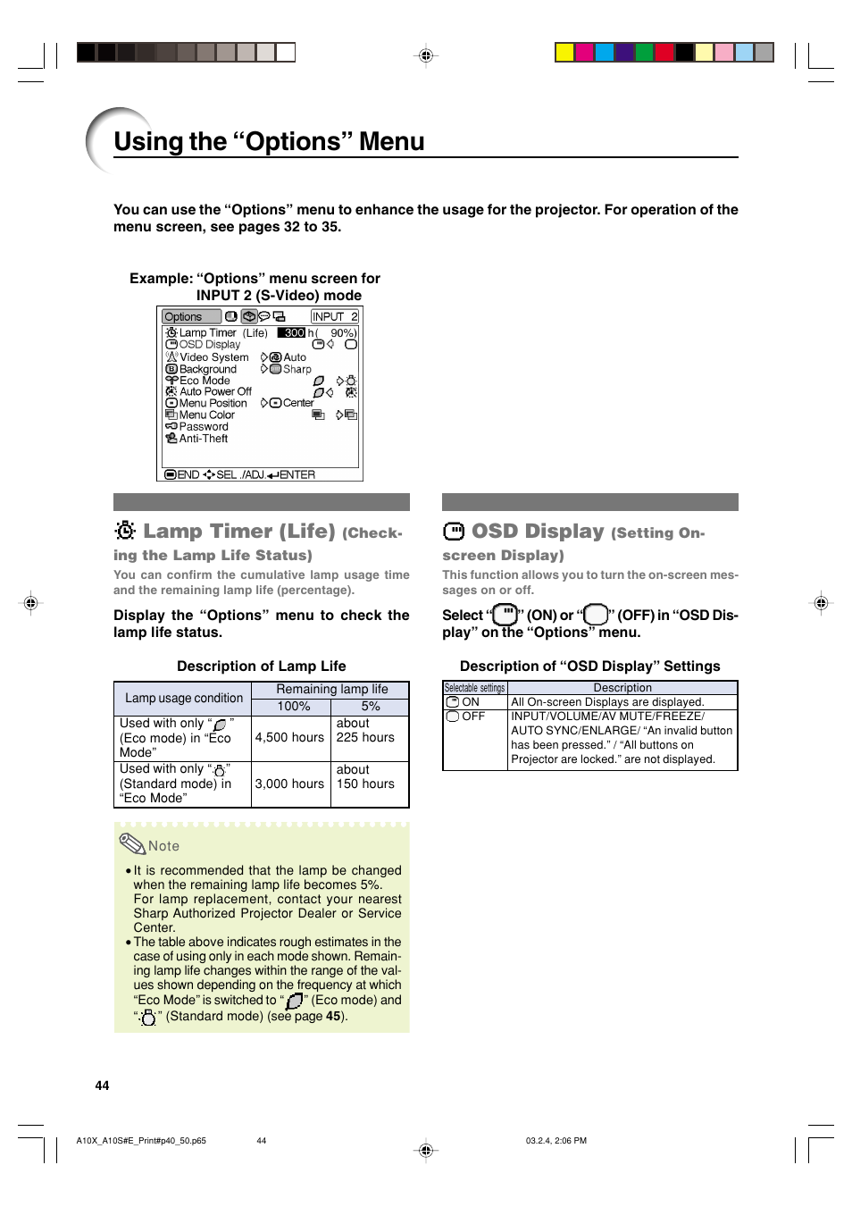 Using the “options” menu, Lamp timer (life), Osd display | Sharp PG-A10S User Manual | Page 48 / 103