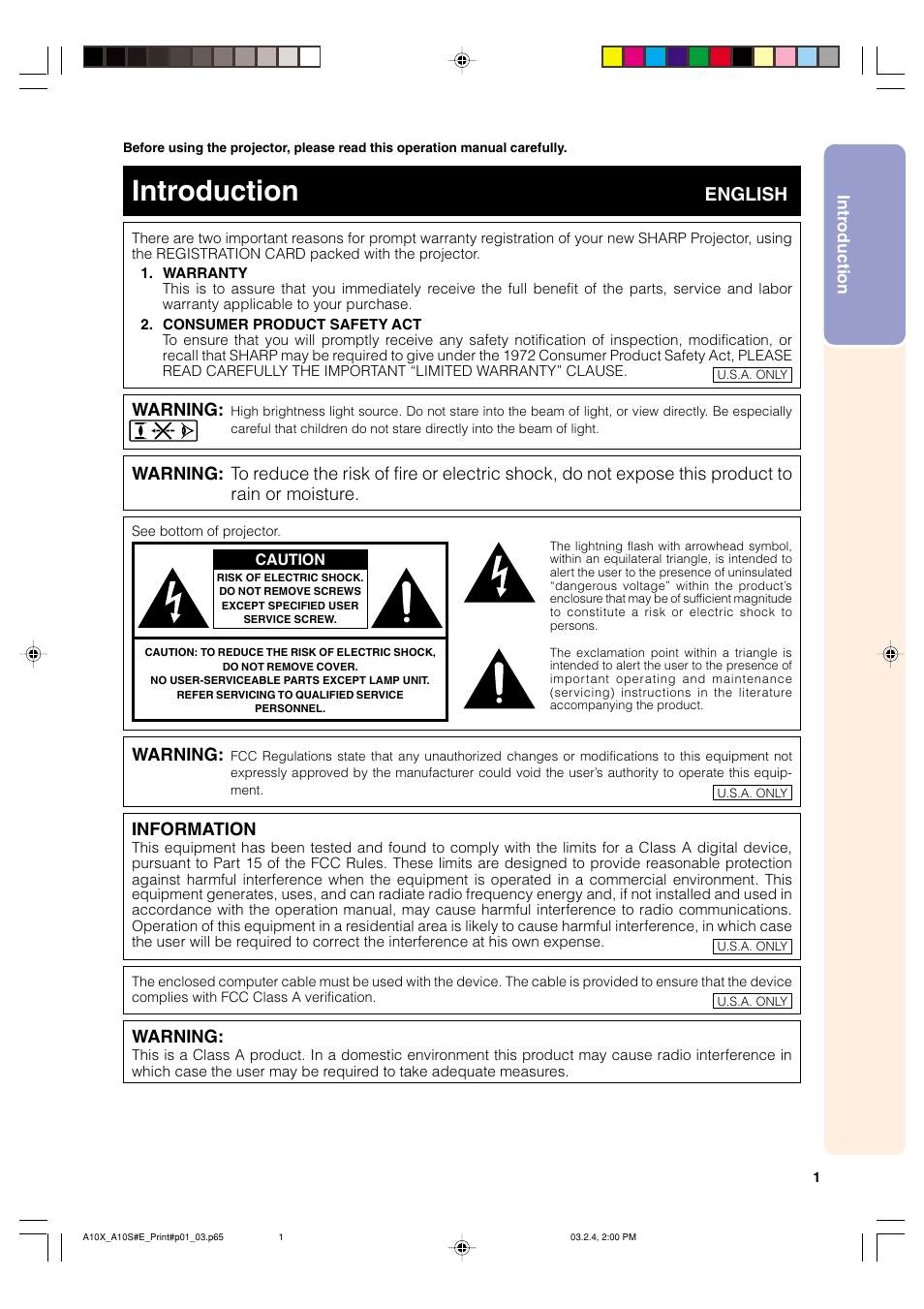 Introduction, English, Warning | Information | Sharp PG-A10S User Manual | Page 5 / 103