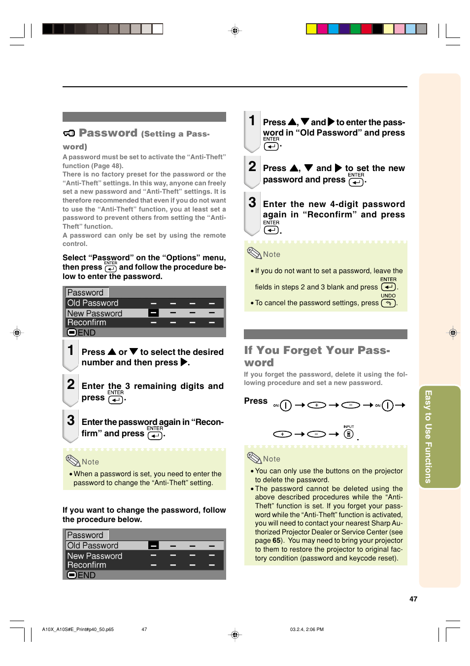 Password, If you forget your pass- word | Sharp PG-A10S User Manual | Page 51 / 103
